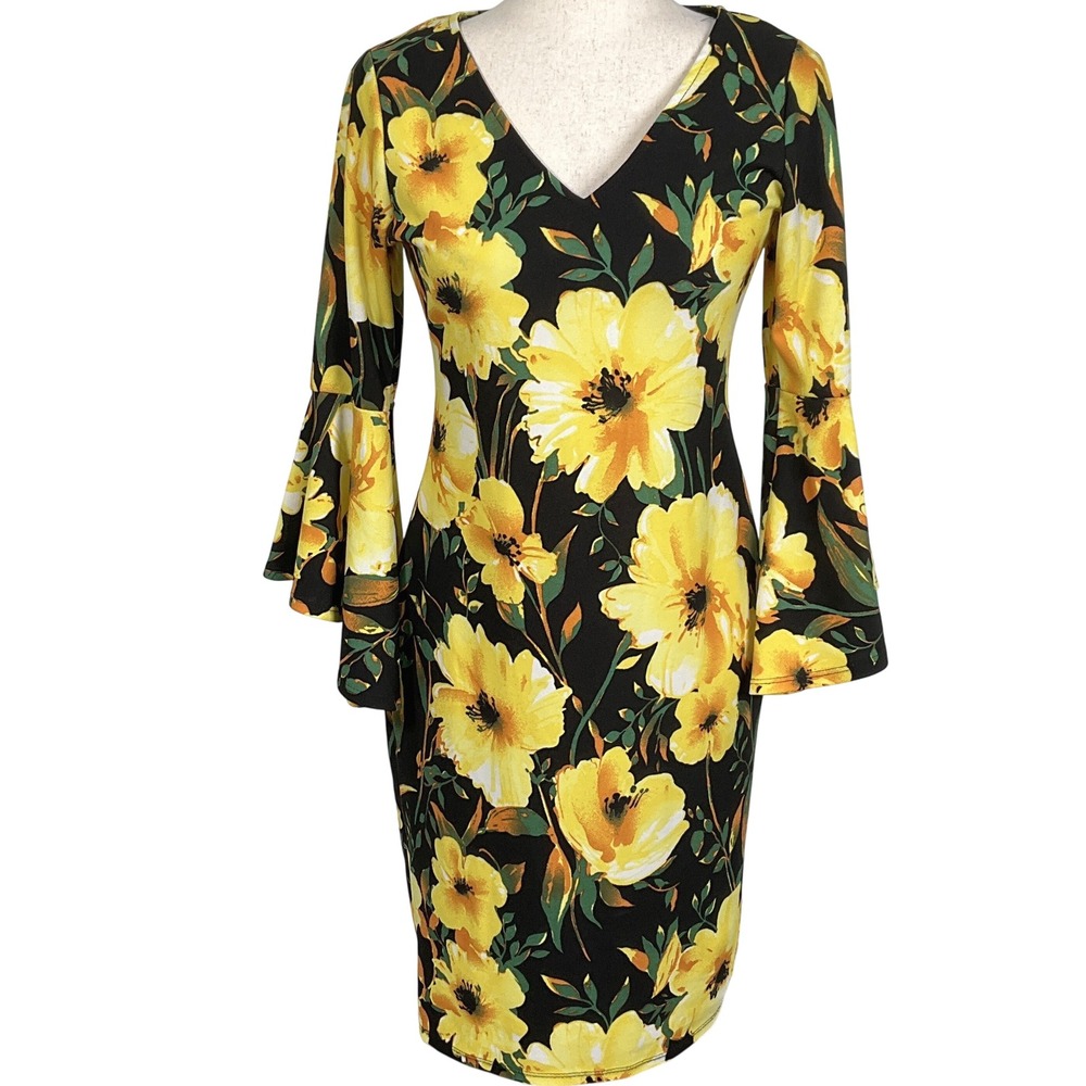Olivia Matthews Dress Women S Black Yellow Vibrant Floral Sheath Stretch USA